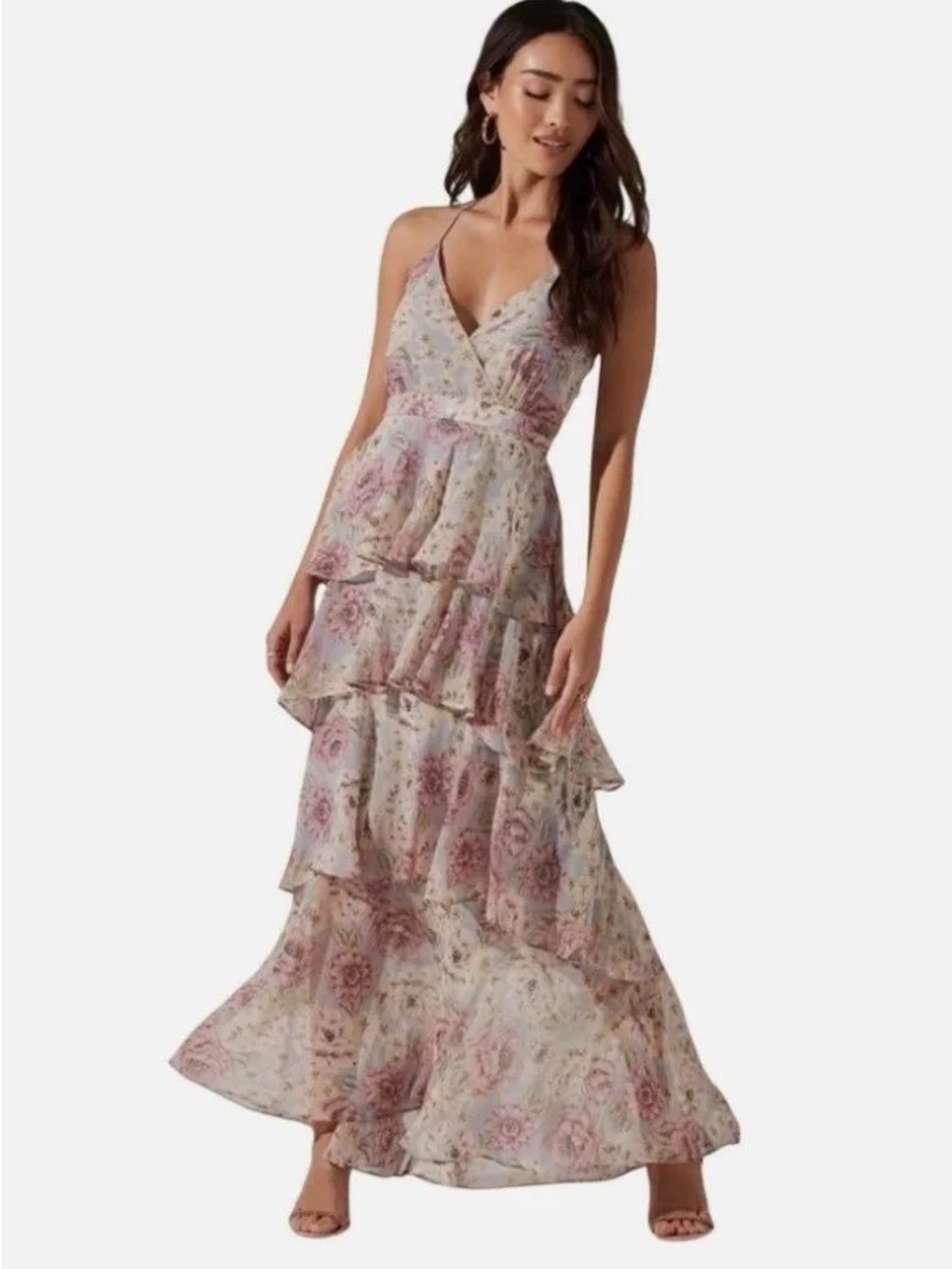 ASTR the Label Rosana Floral Tiered Ruffle Maxi Dress backless plunge - SizeXs